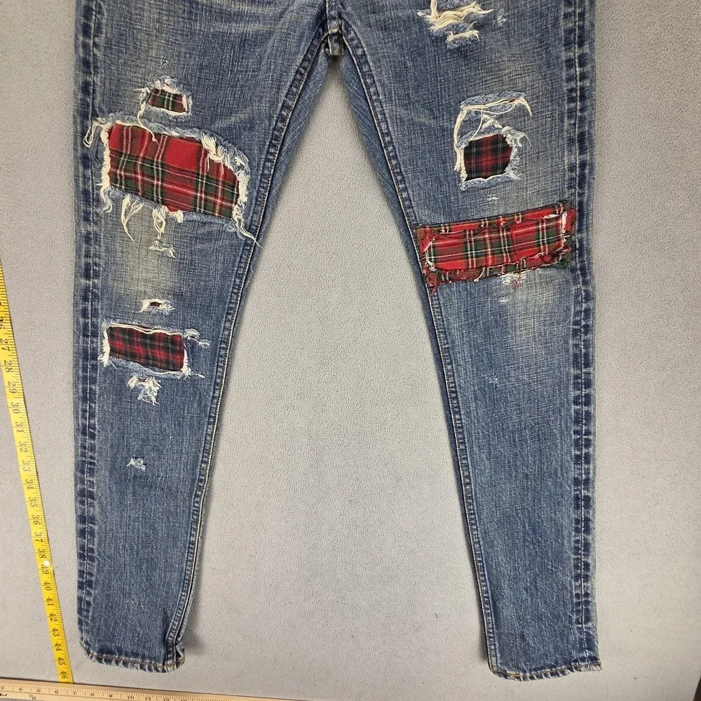 Selvedge Jeans Womens Blue Thrashed Patchwork Plaid Whiskers Studded‎ Fits 27x30